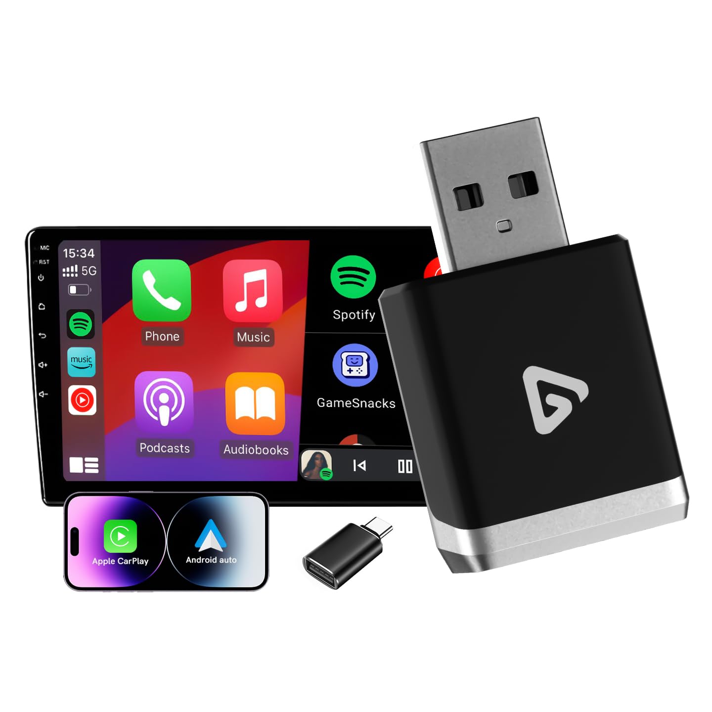 Adattatore Wireless 2 in 1 per Android Auto e CarPlay – Trasforma CarPlay cablato in wireless, con adattatore USB-C, WiFi 5.8GHz, facile da usare, mini e stabile, compatibile con…