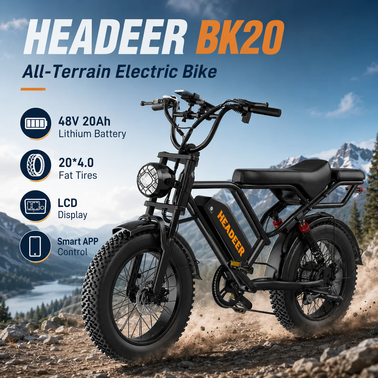 Bicicletta Elettrica All-Terrain HEADER BK20 con Batteria al Litio 48V 20Ah, Pneumatici Larghi 20"×4.0, E-Bike per Adulti Fuoristrada con Sospensione Completa, Display LCD e Contr…