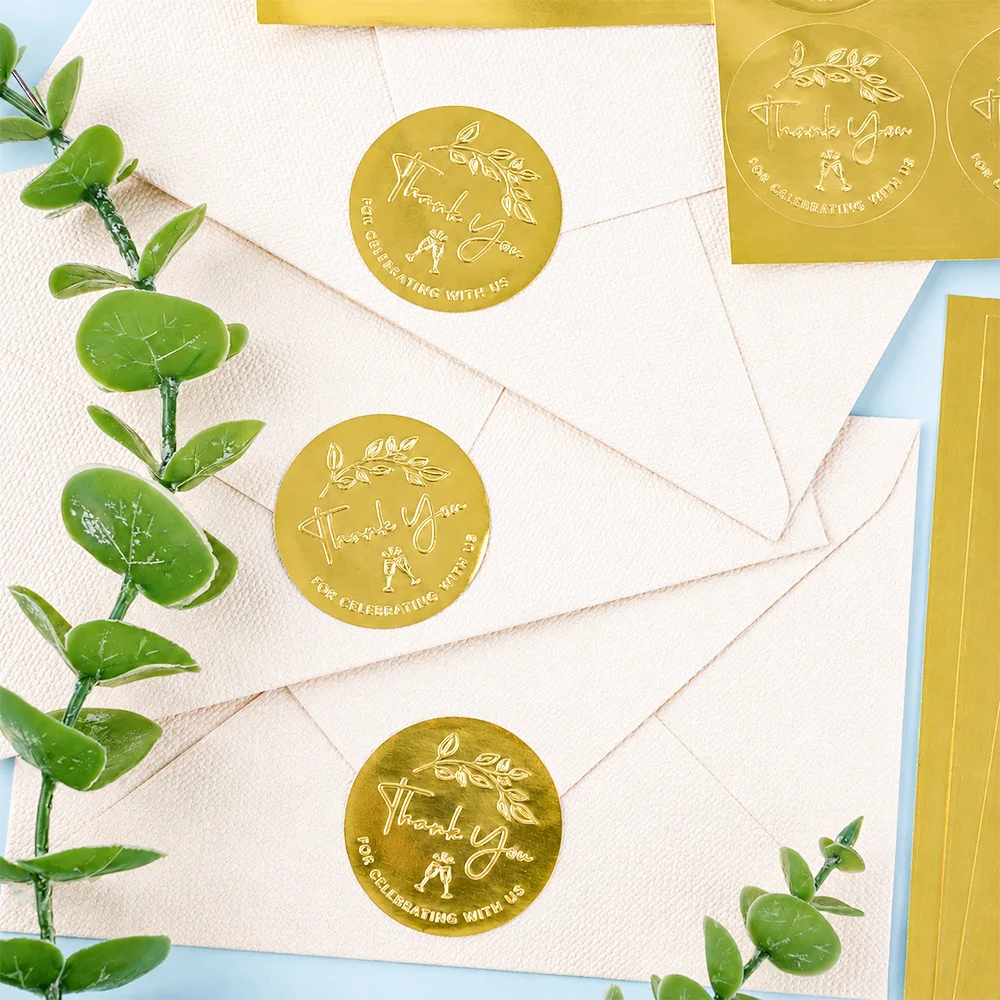 100 Adesivi "Grazie per aver festeggiato con noi", 10 Fogli di Etichette in Lamina Dorata per Sacchetti Regalo Matrimonio, Decorazioni Baby Shower