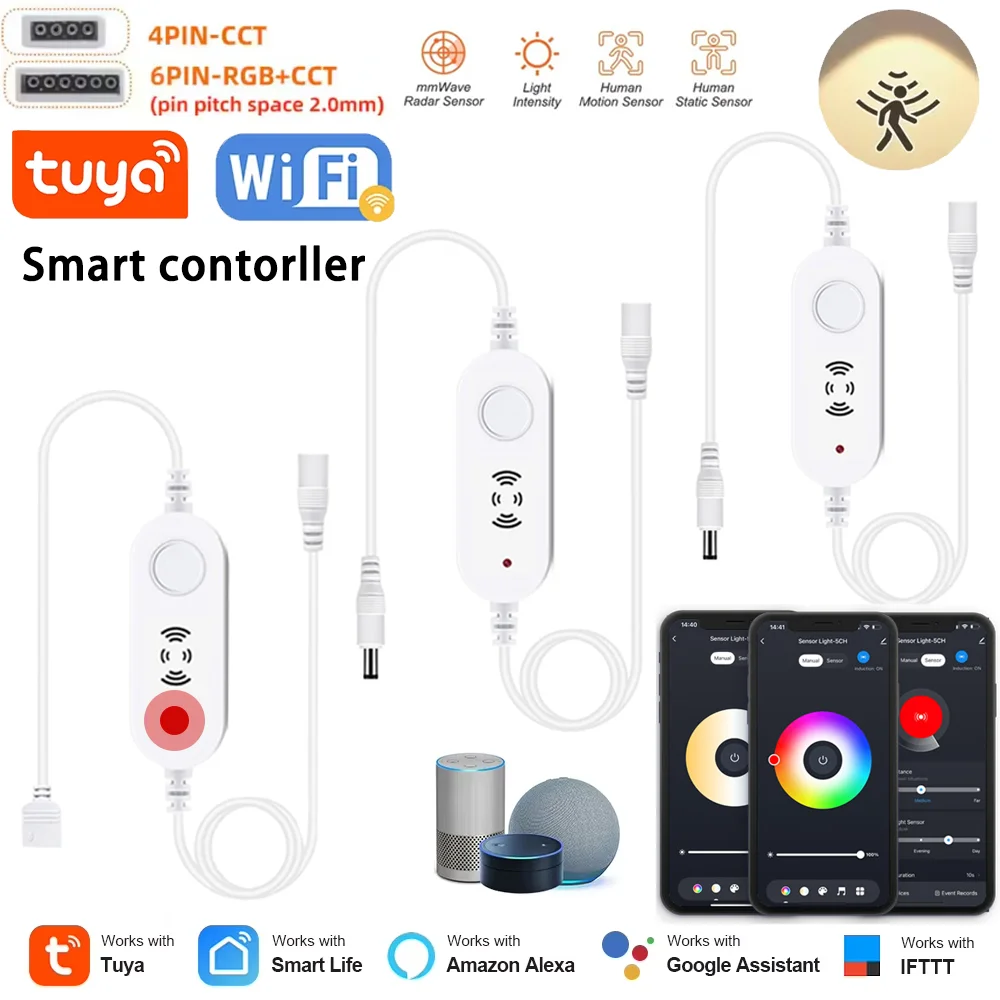 Sensore di Movimento WiFi Tuya per Dimmer LED 12V-24V, Controllo Singolo Colore/CCT/RGBCCT, Controllo Vocale e App, Compatibile con Alexa e Google Home