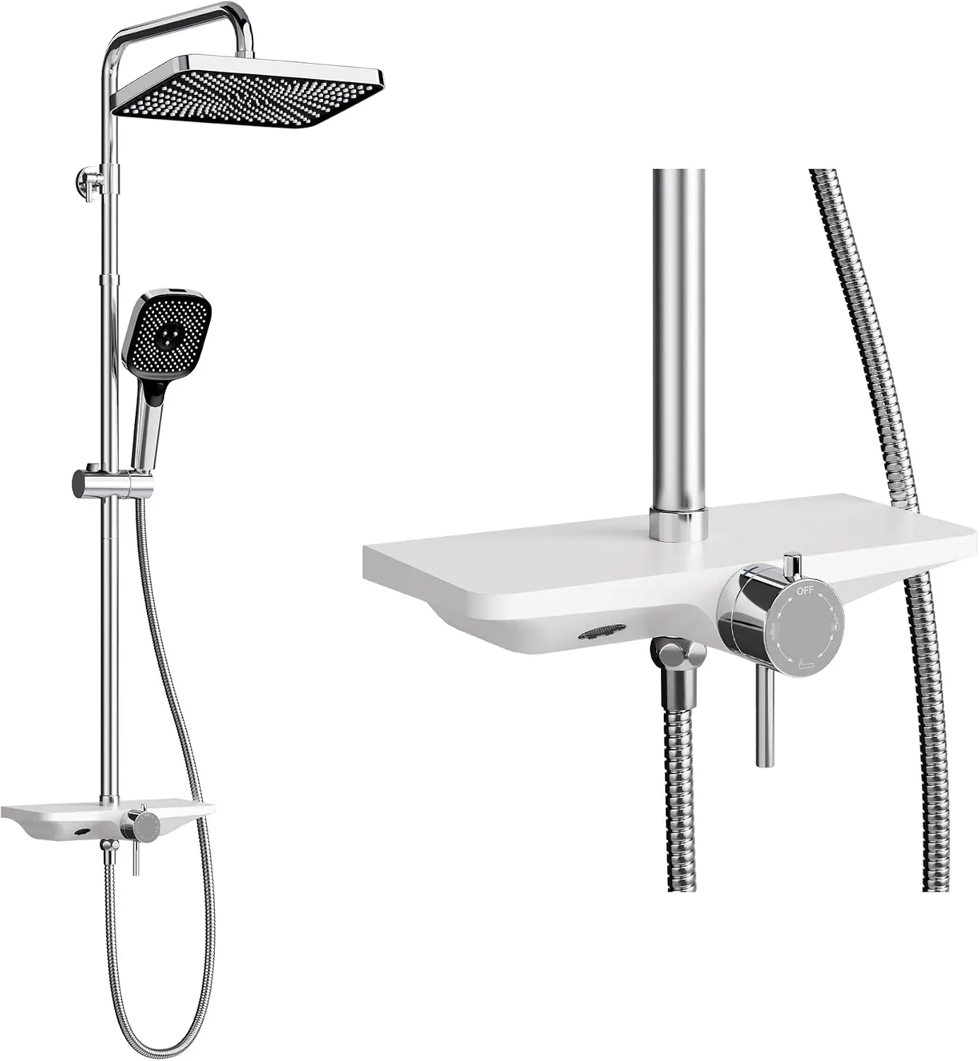 Sistema doccia da bagno cromato con mensola portaoggetti, soffione doccia quadrato 300×195 mm, doccia manuale 3+1 funzioni con ugello per pulizia, asta scorrevole regolabile in al…