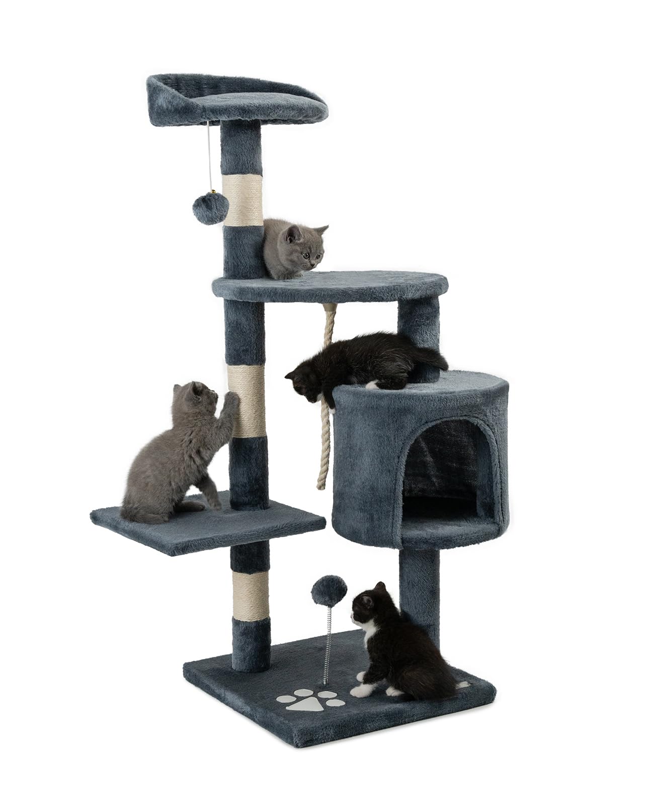 lionto Tiragraffi con Grotta e Colonne, 4 Livelli, 112 cm, Grigio | Tiragraffi medio per gatti con palline in peluche, corda sisal, grotta e piattaforma per arrampicarsi, giocare…