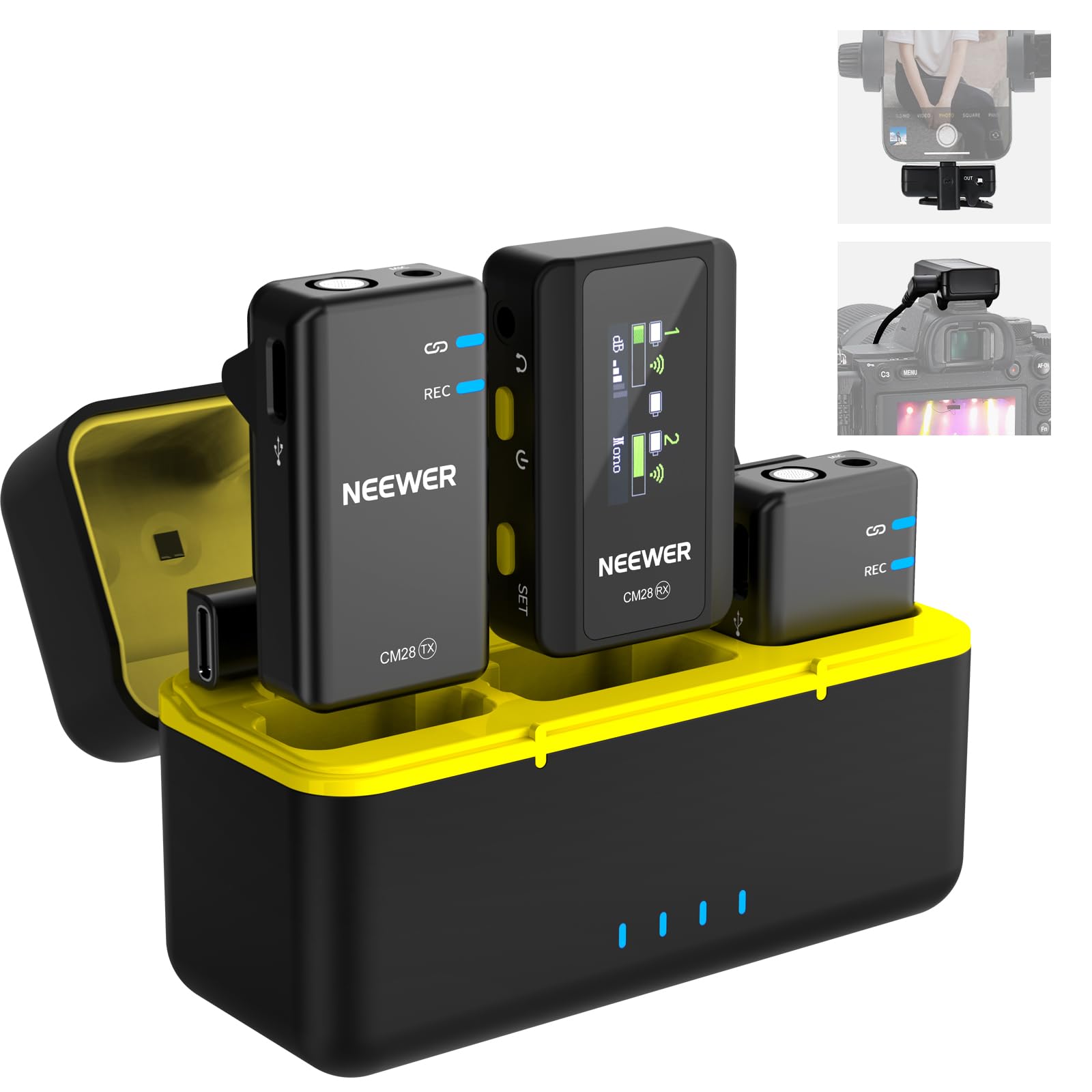 NEEWER CM28 Microfono Lavalier Wireless con Anti Rumore Smart, Registrazione Non Compressa a 48kHz/16bit per 9h, Portata 200m, Memoria 4GB per iPhone Android Fotocamera,1 RX+ 2 TX…