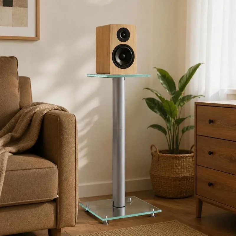 Supporti per altoparlanti in vetro temperato argento a colonna singola, base bilanciata per apparecchiature audio, adatti per saloni, aree di svago e spazi home cinema interni