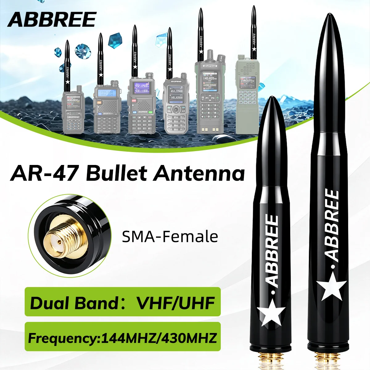 Antenna Bullet ABBREE AR‑47 ad Alto Guadagno SMA‑Femmina VHF UHF per Walkie Talkie Baofeng UV‑5R Mini UV-5RH Quansheng UVK5 UVK1