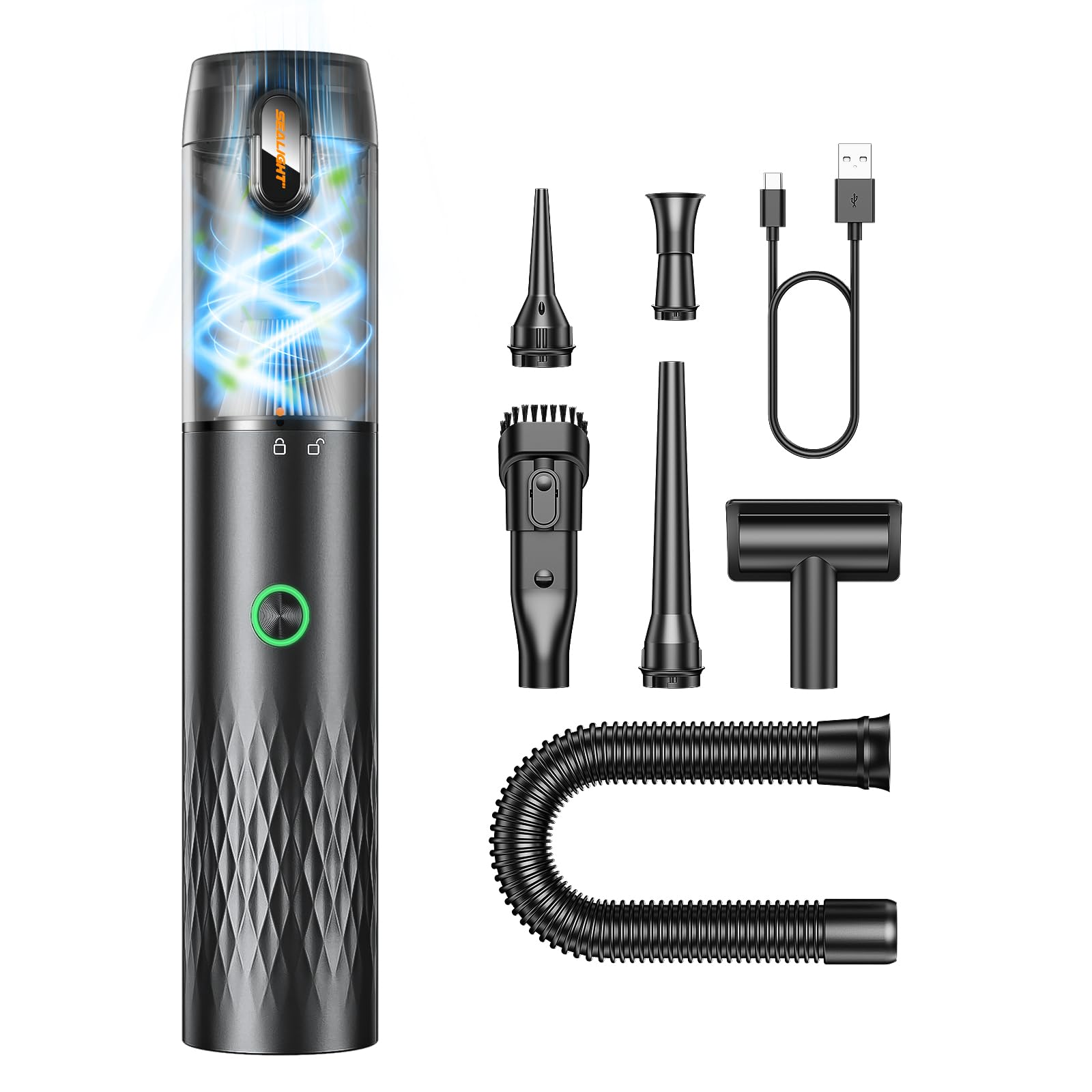 SEALIGHT Aspirabriciole Senza Fili, 29000PA 4 in 1 Aspirapolvere per Auto Portatile, Durata della Batteria di 40 Minuti, One-Touch Dust Dump, con Motore Brushless per Auto Casa