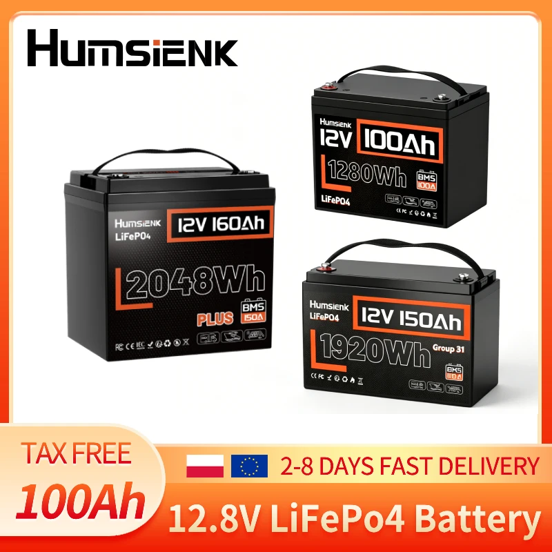 Batteria LiFePo4 Humsienk 12V 100Ah 150Ah 160Ah con Protezione BMS Integrata, Celle di Grado A+, Energia 1280Wh, Oltre 15000 Cicli per Camper, Solare, Off-Grid, Nautica, Motore El…