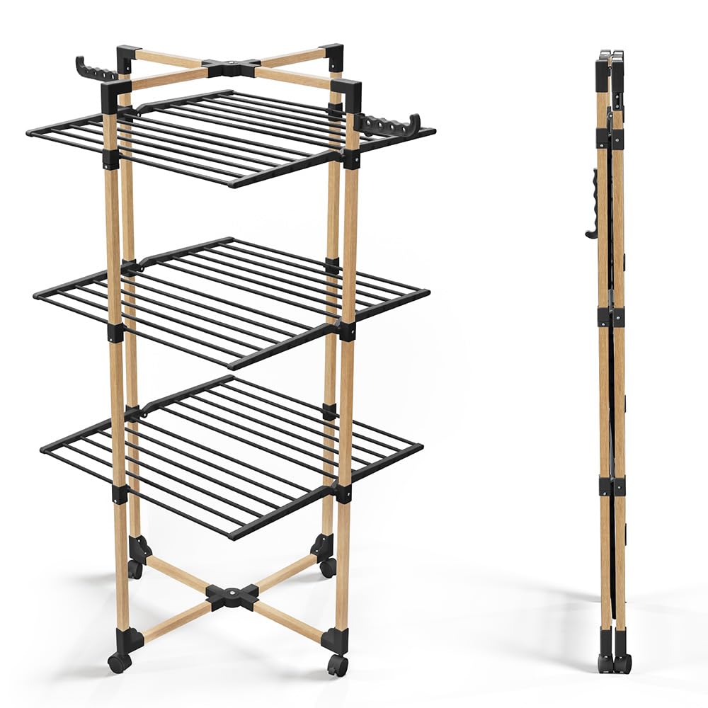 VOUNOT® Stendibiancheria Verticale a Torre 3 Livelli, Modular 3 Stendino Salvaspazio con 4 Ruote per Interni o Esterni, Nero