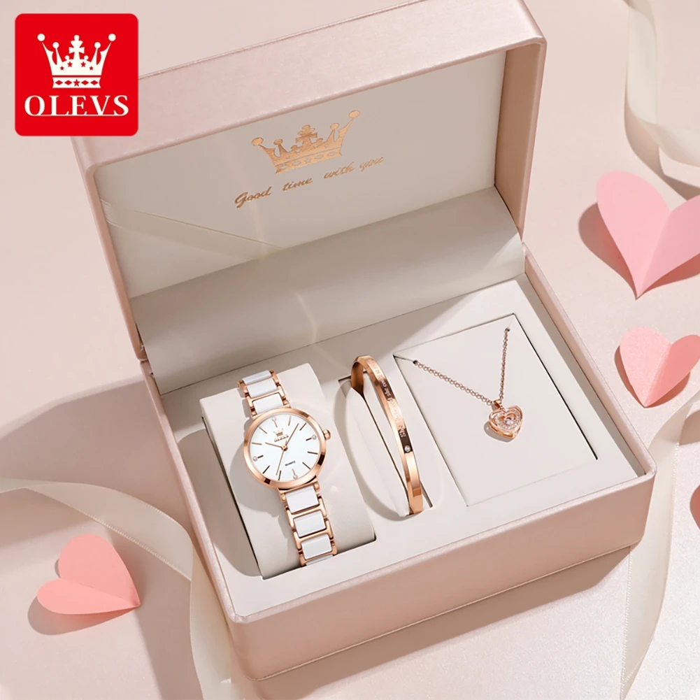 OLEVS Orologio da donna 5877 Orologio al quarzo elegante di lusso Impermeabile cinturino in ceramica luminosa Orologio da donna Set di braccialetti Confezione regalo Reloj