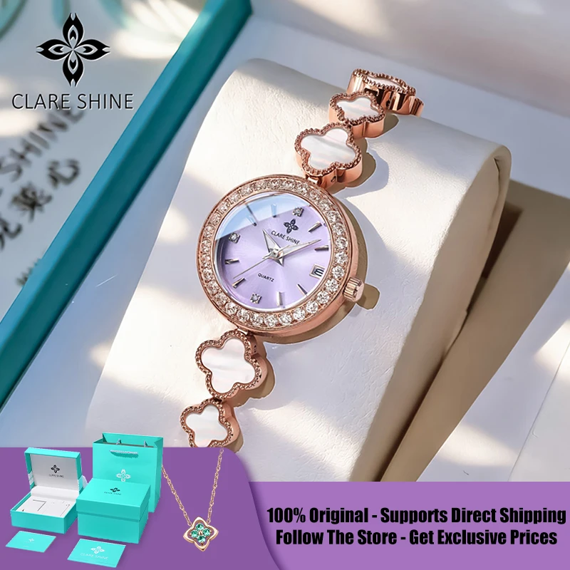 CLARE SHINE 7701 Serie Lucky, Orologio da Donna al Quarzo con Quadrifoglio Portafortuna, Lunetta con Diamanti, Movimento Importato