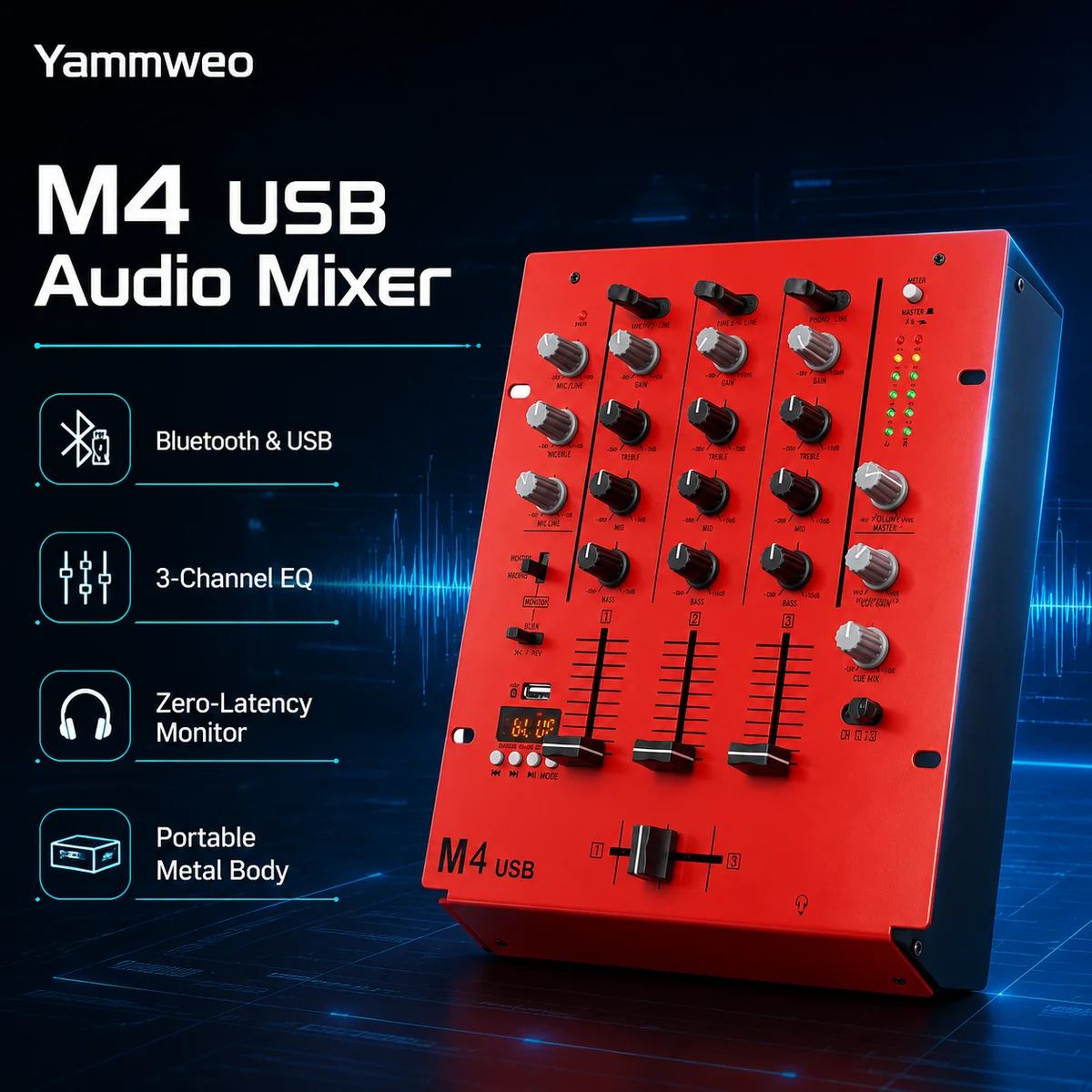 Yamnweo M4 Mini Mixer DJ USB, Console di Mixaggio Audio a 3 Canali, Riproduzione MP3 Wireless Bluetooth USB, EQ Indipendente per Alti, Medi e Bassi, Monitoraggio in Tempo Reale tr…