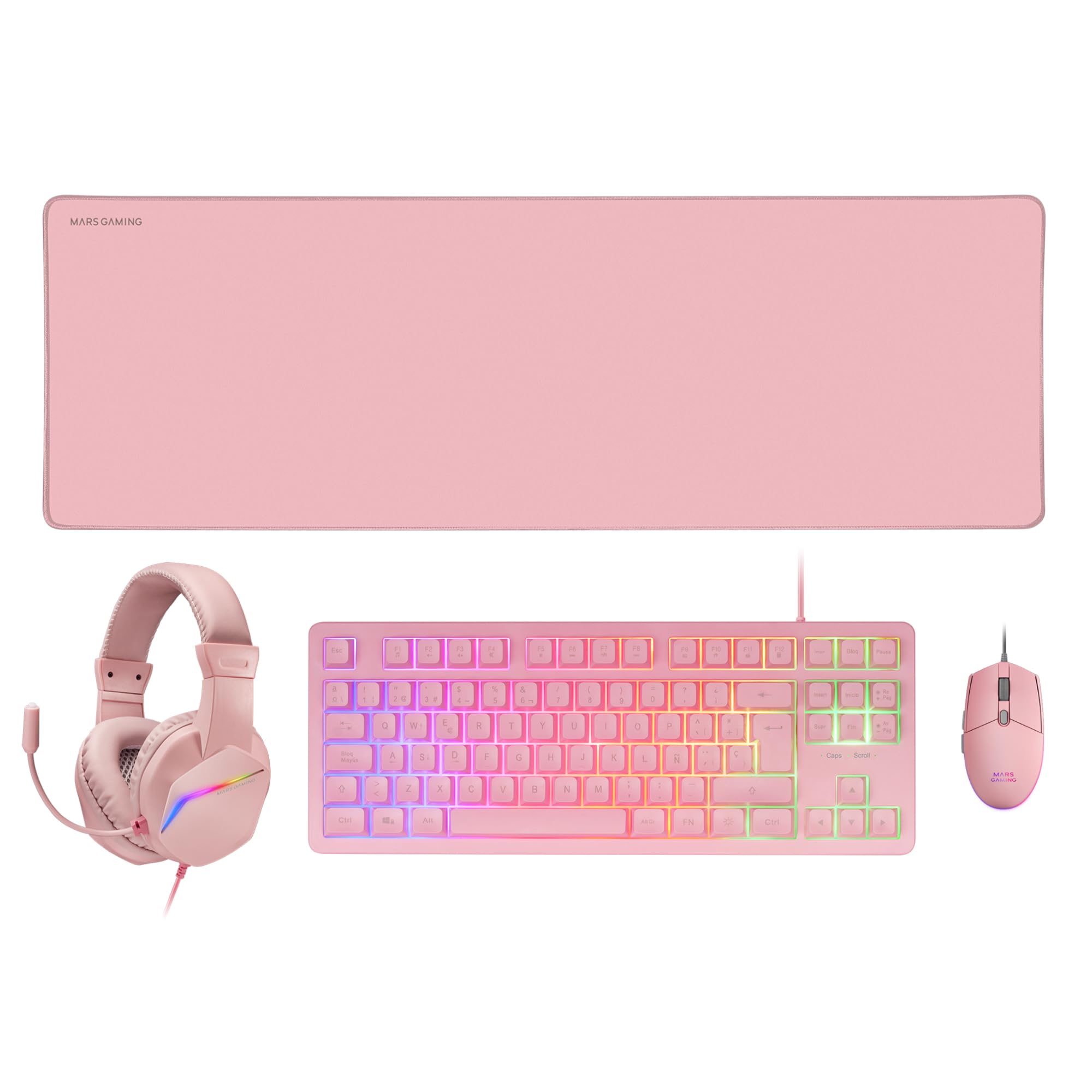 Mars Gaming MCP-RGB3, Lingua Portoghese, Pack RGB Tastiera Fixed, Mouse Flow 3200 dpi, Cuffie Over-Ear, Tappetino XXL, Rosa