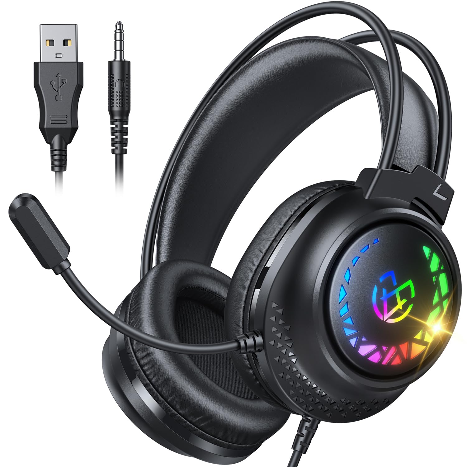 Tatybo Cuffie Gaming per Ps4/Ps5/PC/XboxOne/Switch, Cuffie con Microfono Doppio Archetto Adattivo, Suono Atereo 3D, Cuffie Cablate Leggere con Luce RGB Nero