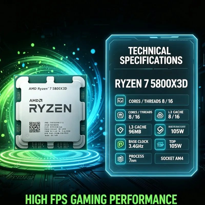 Processore Gaming AMD Ryzen 7 5800X3D con Cache Grande da 96MB, 3.4GHz, 8 Core, 16 Thread, 7nm, 105W, DDR4, CPU Desktop AM4