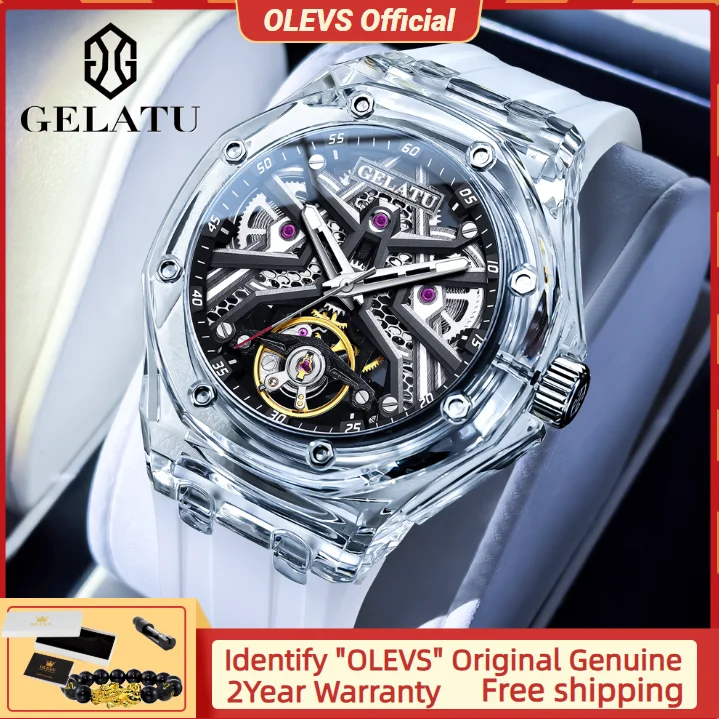 GELATU 8002 Orologio meccanico automatico da uomo Skeleton Hollow Orologio di lusso impermeabile Cinturino in silicone Orologio con quadrante grande automatico