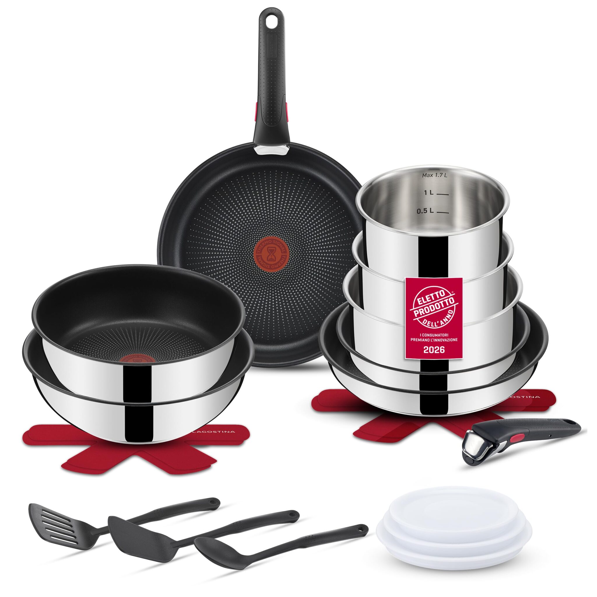 Lagostina Ingenio Inox, Set Pentole e Padelle, Antiaderente, 20 Pezzi | In Acciaio Inox, Con Manico Removibile, Padelle, Wok, Tegame e Casseruole, Salvaspazio, Per Induzione e Alt…