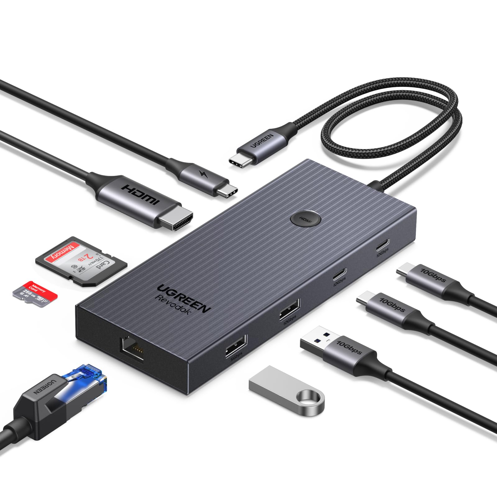 UGREEN Revodok Pro 1091 Hub USB C Ethernet Gigabit 9 in 1 Docking Station | HDMI 4K 60Hz, 10Gbps Trasferimento Rapido, RJ45 1000Mbps, Lettore Schede SD TF, PD 100W, Compatible con…