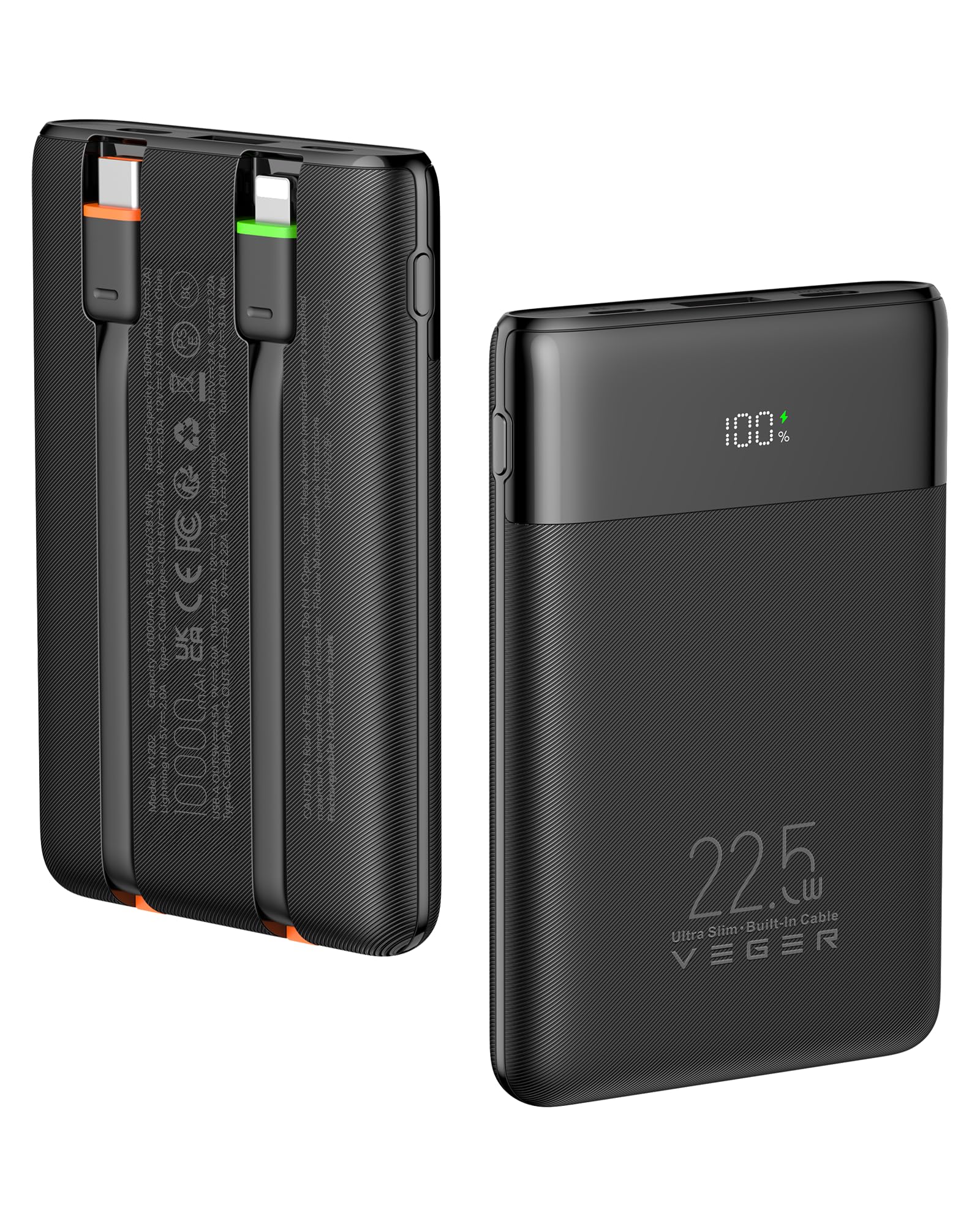 VEGER 10000mAh Powerbank con Cavi Integrati 22.5W Ricarica Rapida Portatile | Sottile Compatto USB C Power Bank LED Display con 4 Uscite e 3 Ingressi Compatibile con iPhone iPad H…