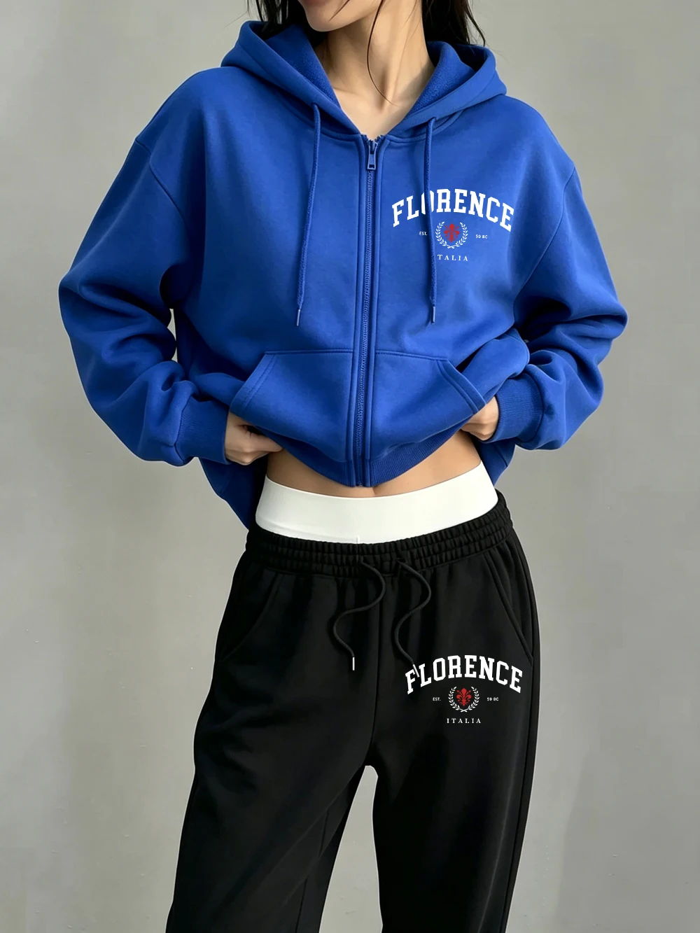 Set 2 Pezzi con Felpa con Zip e Pantaloni da Donna, Stampa Florenzina, Casual, Oversize, in Pile Caldo, Pantaloni Sportivi Invernali con Tasche
