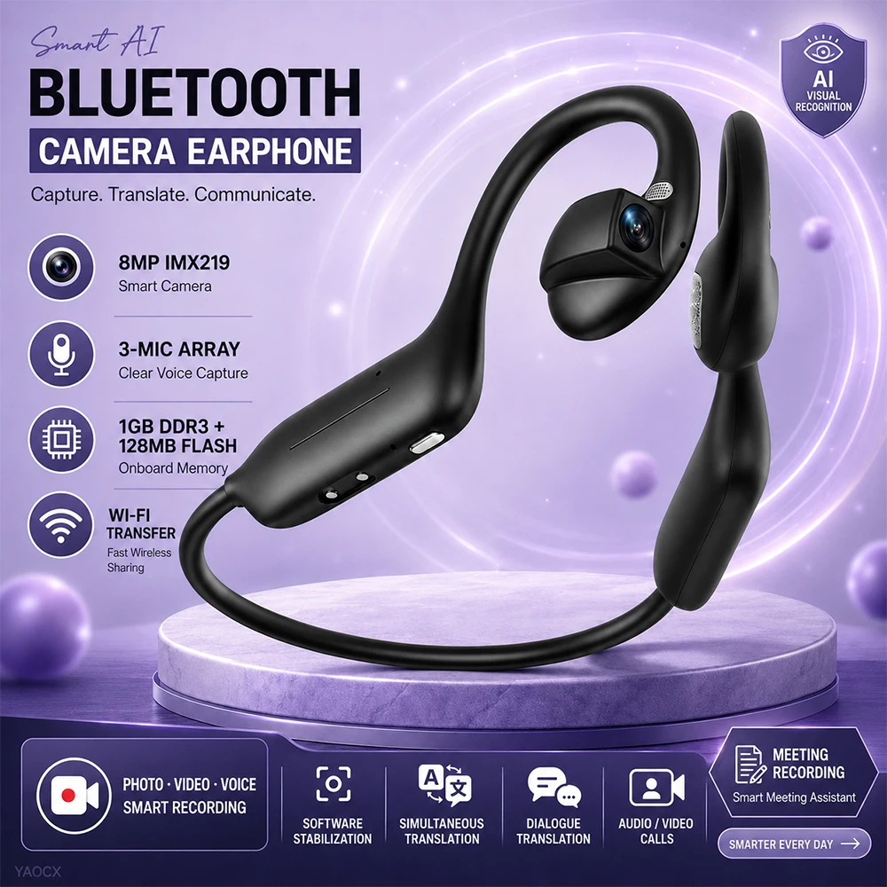 Nuove Cuffie Bluetooth a Orecchio Aperto con Fotocamera per Traduzione AI, Registrazione e Traduzione del Dialogo con 3 Microfoni per Viaggi d'Affari e Riunioni