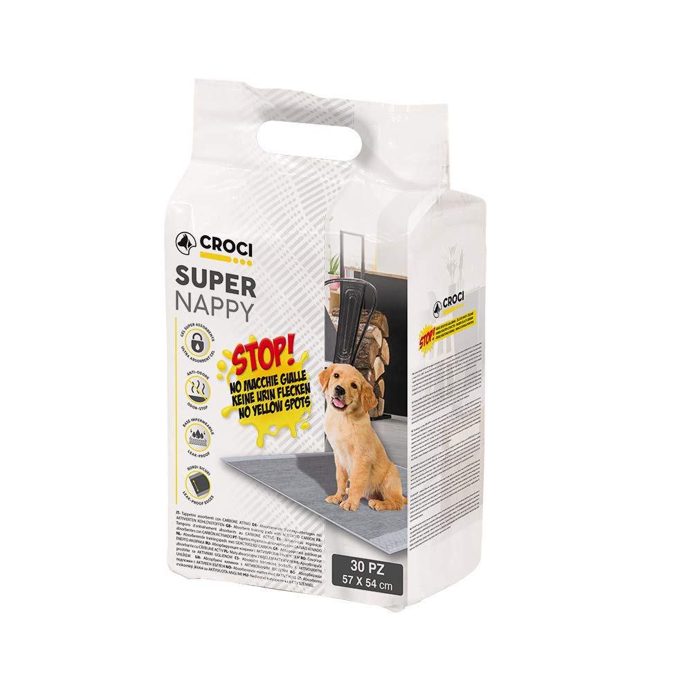 Croci Super Nappy Carboni attivi - Tappetini Igienici per Cani 57x54 cm - 30 pezzi, Traverse Cani e Animali Domestici, per Pipi Cane e Gatto Ultra Assorbenti Usa e Getta, Antistra…