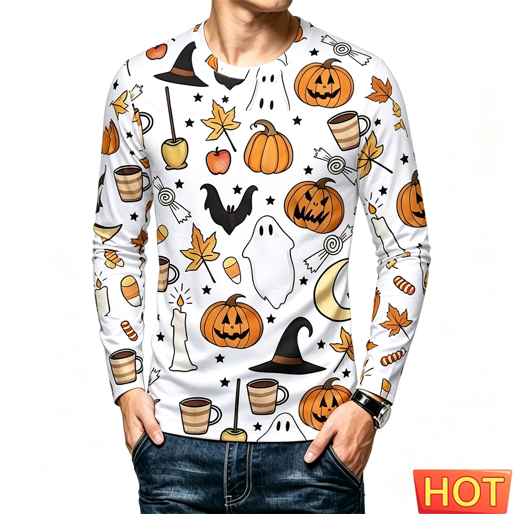 Maglietta da festa di Halloween per uomo, casual, con scollo a O, maniche lunghe, stampa divertente di zucca 3D, top ampio, moda autunnale, abbigliamento y2k.
