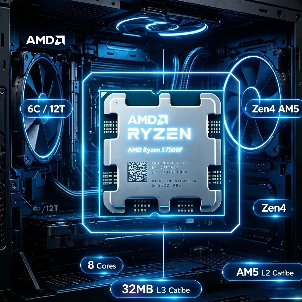 CPU AMD Ryzen 5 7500F per Gaming Desktop, 6 Core 12 Thread, 3.7GHz, AM5, 5nm, con Cache L3 da 32MB, DDR5, Nuovo