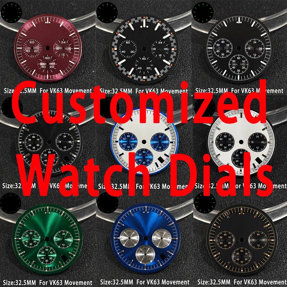 Orologio personalizzato VK63 quadranti 32,5 mm C3 verde luminoso multicolore finestra calendario per custodia in vetro cristallo minerale accessorio per orologio