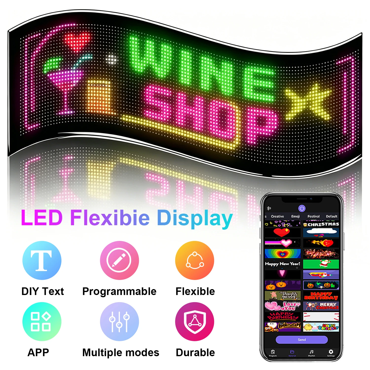 Pannello LED Flessibile USB a Doppia Fila Personalizzabile, Insegna Programmabile Scorrevole con Controllo App per Auto, Negozi
