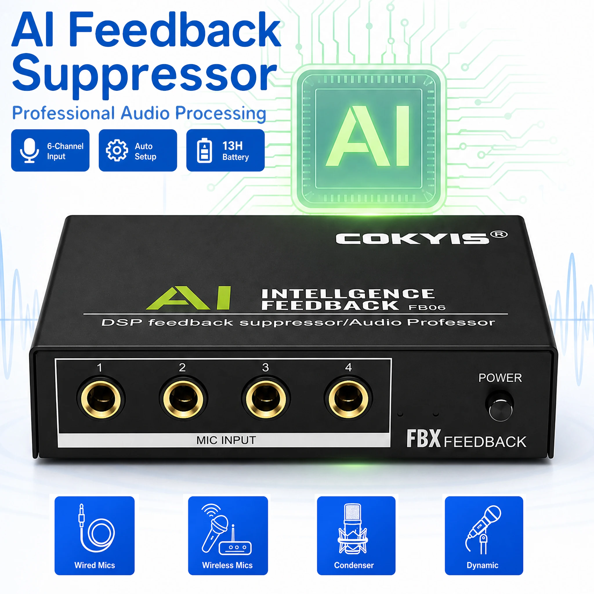 Mini Eliminatore di Feedback Audio AI DSP Ricaricabile, Microfono con Cancellazione del Rumore AI, Soppressore di Feedback Portatile FBO6 FB01