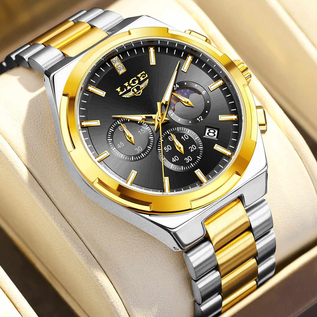 LIGE Orologio da uomo d'affari classico in acciaio inossidabile, moda, lusso, impermeabile, luminoso, fasi lunari, data, orologi al quarzo casual da uomo
