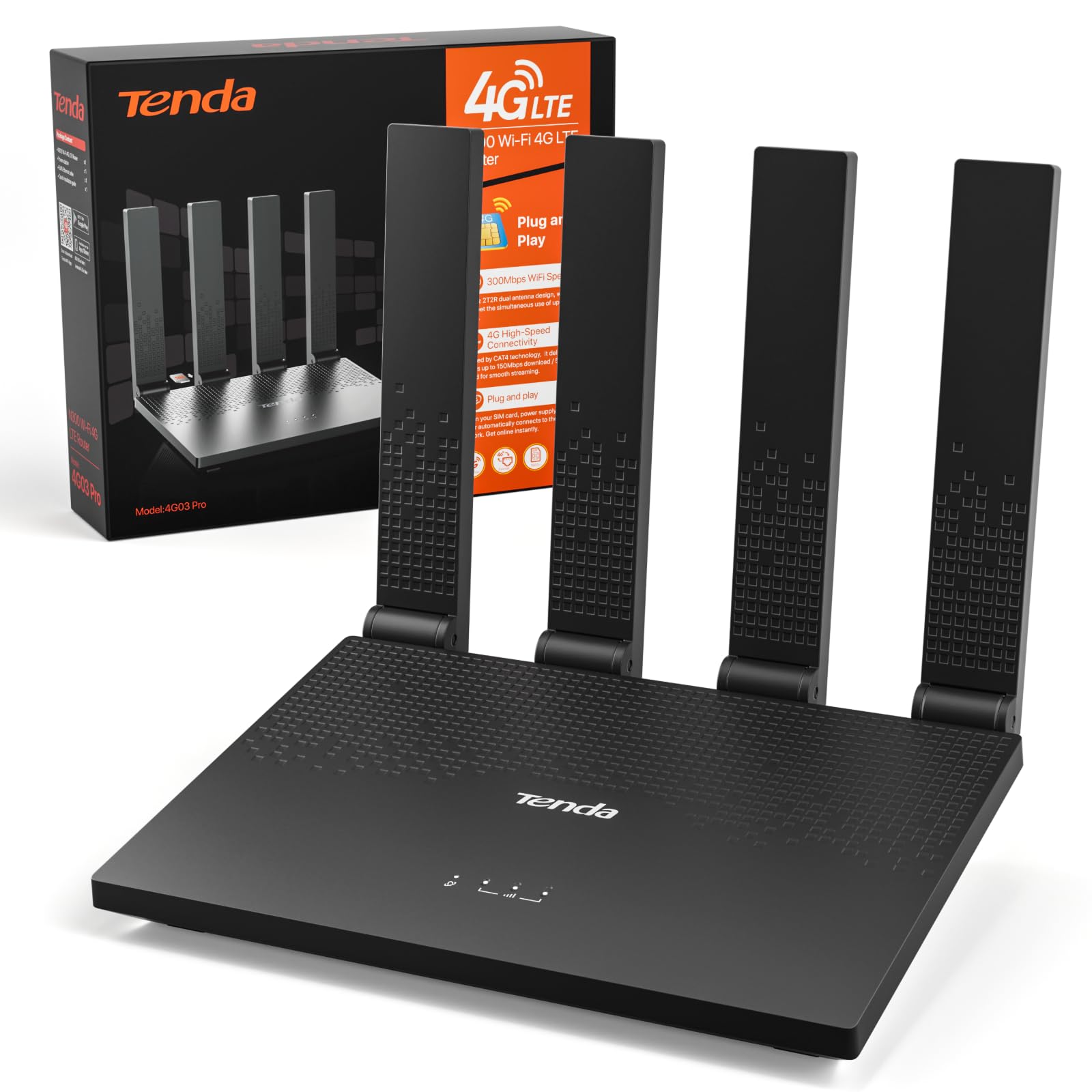 Tenda Router 4G con SIM Modem LTE Cat4 Wi-Fi N300 4G03 Pro V2.0 | 4 Antenne Pieghevoli, USB-C, Porta LAN/WAN, Plug & Play, Fino a 32 Dispositivi, Portatile per Casa, Camper e Viag…