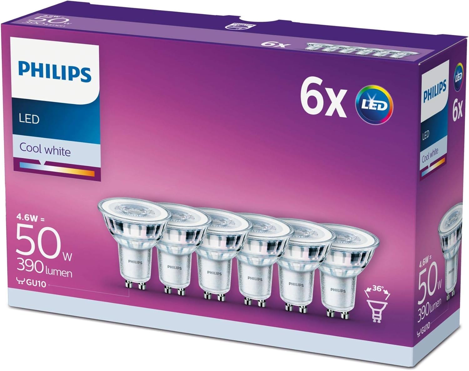 Philips LED Faretto con attacco GU10, Confezione da 6 | Luce bianca fredda, Equivalente 50 W, Non dimmerabile, Durata fino a 15 anni, Risparmio energetico fino al 90%