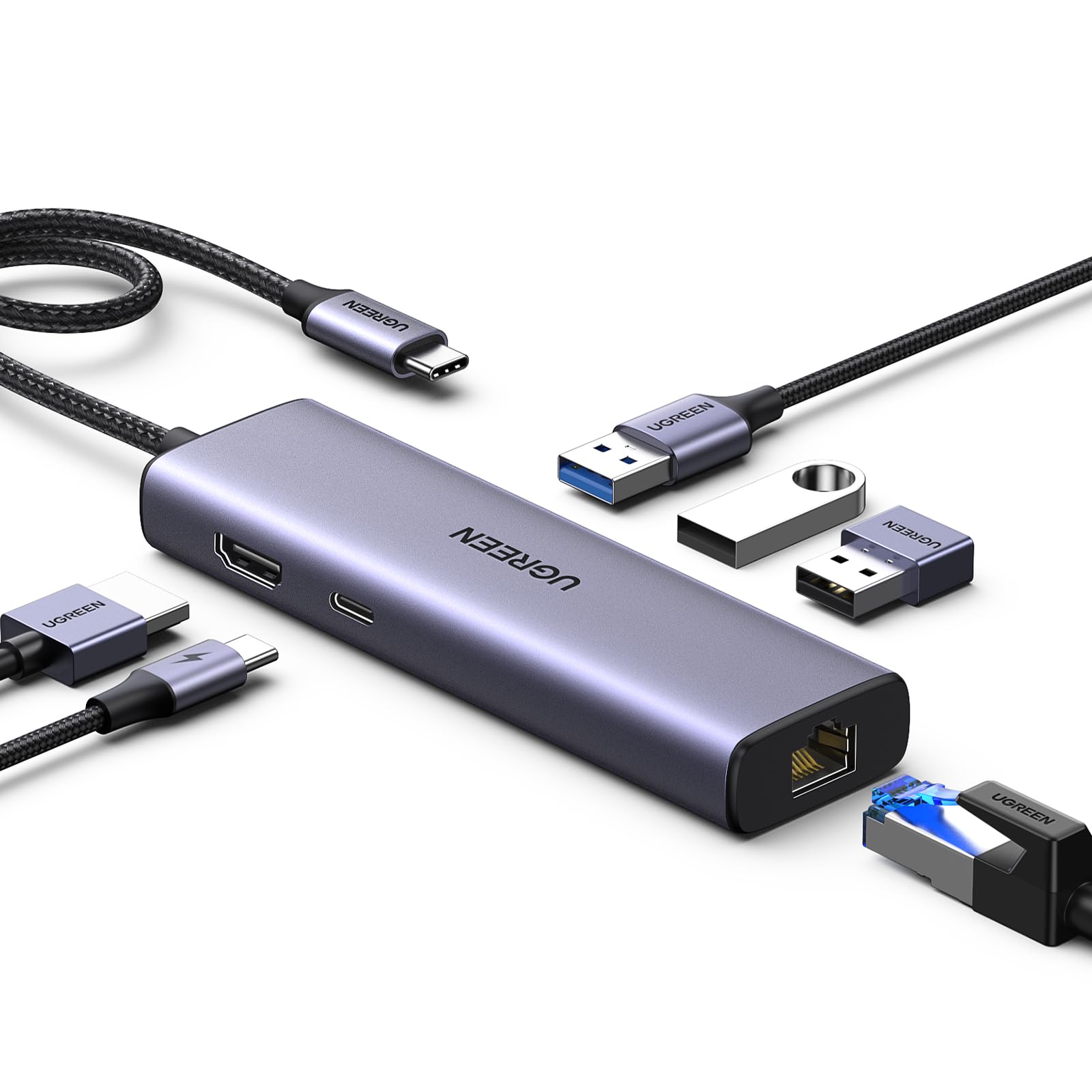 UGREEN Revodok 1061 Hub USB C 6 in 1 Adattatore Ethernet Gigabit | HDMI 4K, RJ45 1000Mbps, PD 100W Ricarica Rapida, 3 USB 5Gbps, Compatible con MacBook Pro Air Neo Tablet Steam De…