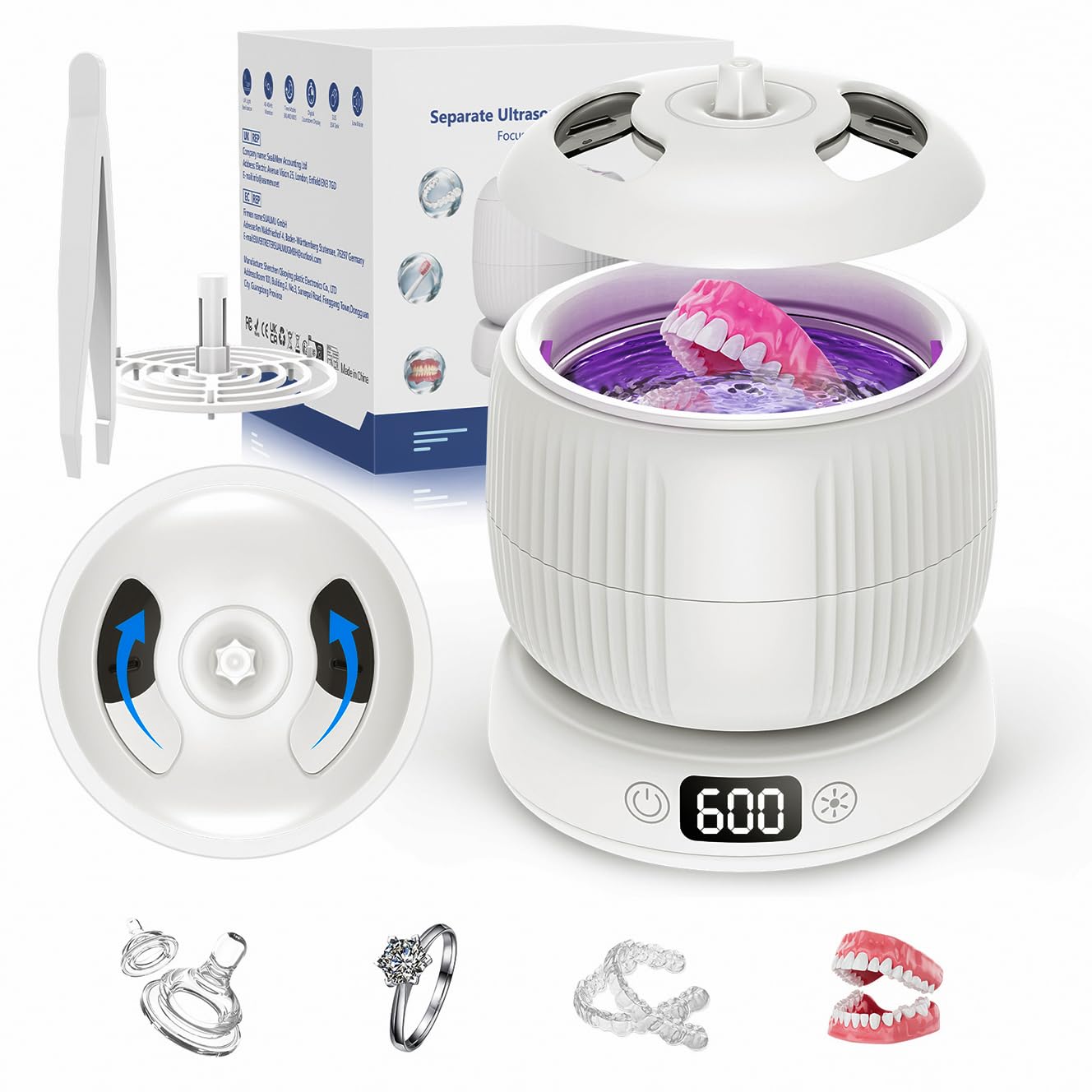 Morole Pulitore Ultrasuoni con Lampada UV | 45000Hz | 200ML | Portatile | Pulitore Ultrasuoni per Apparecchio Denti, Bite, Protesi Dentali, Allineatori e Gioielli