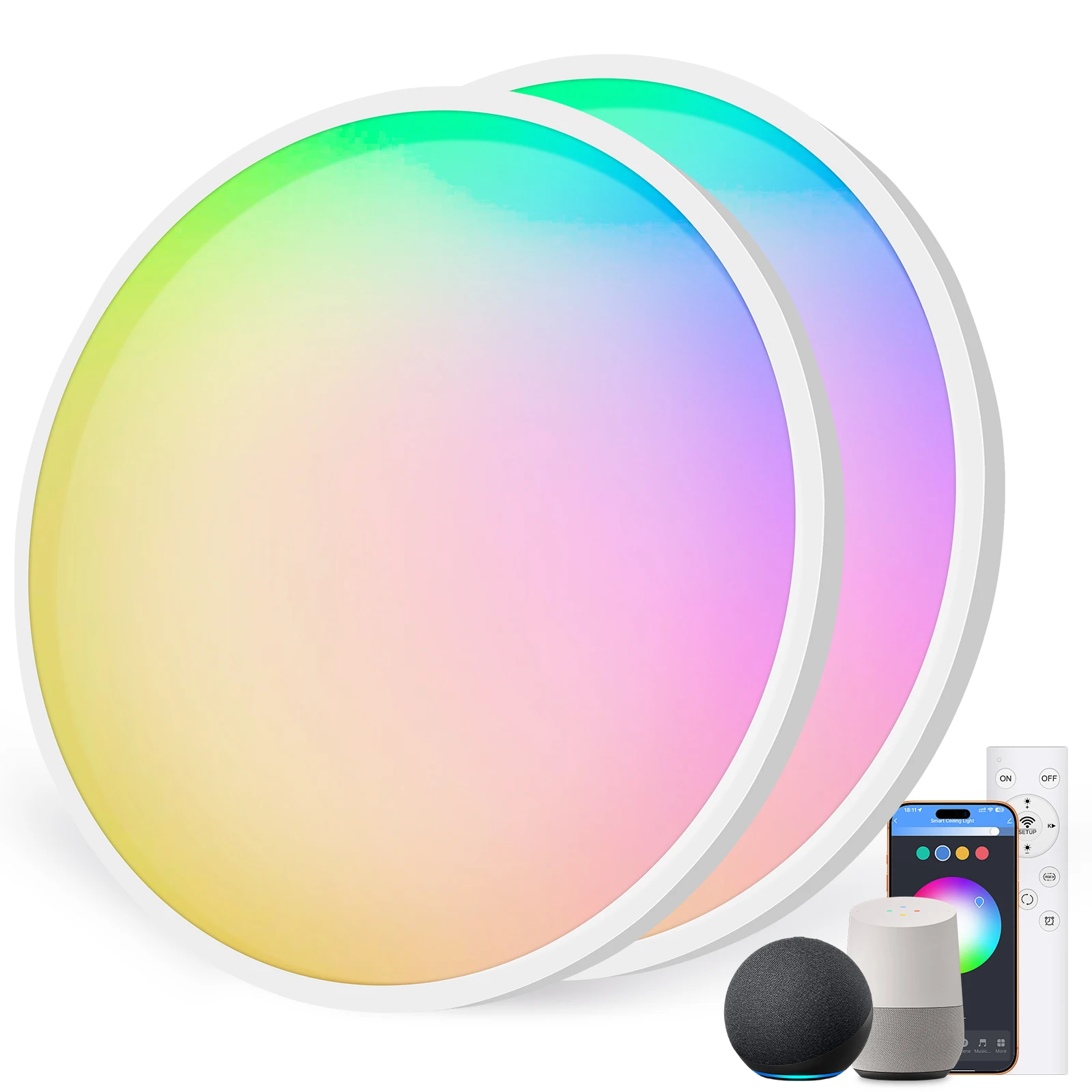 Confezione da 2 plafoniere LED intelligenti da 24W – Lampade da soffitto RGB dimmerabili compatibili con Alexa con telecomando, illuminazione intelligente a 16 milioni di colori p…