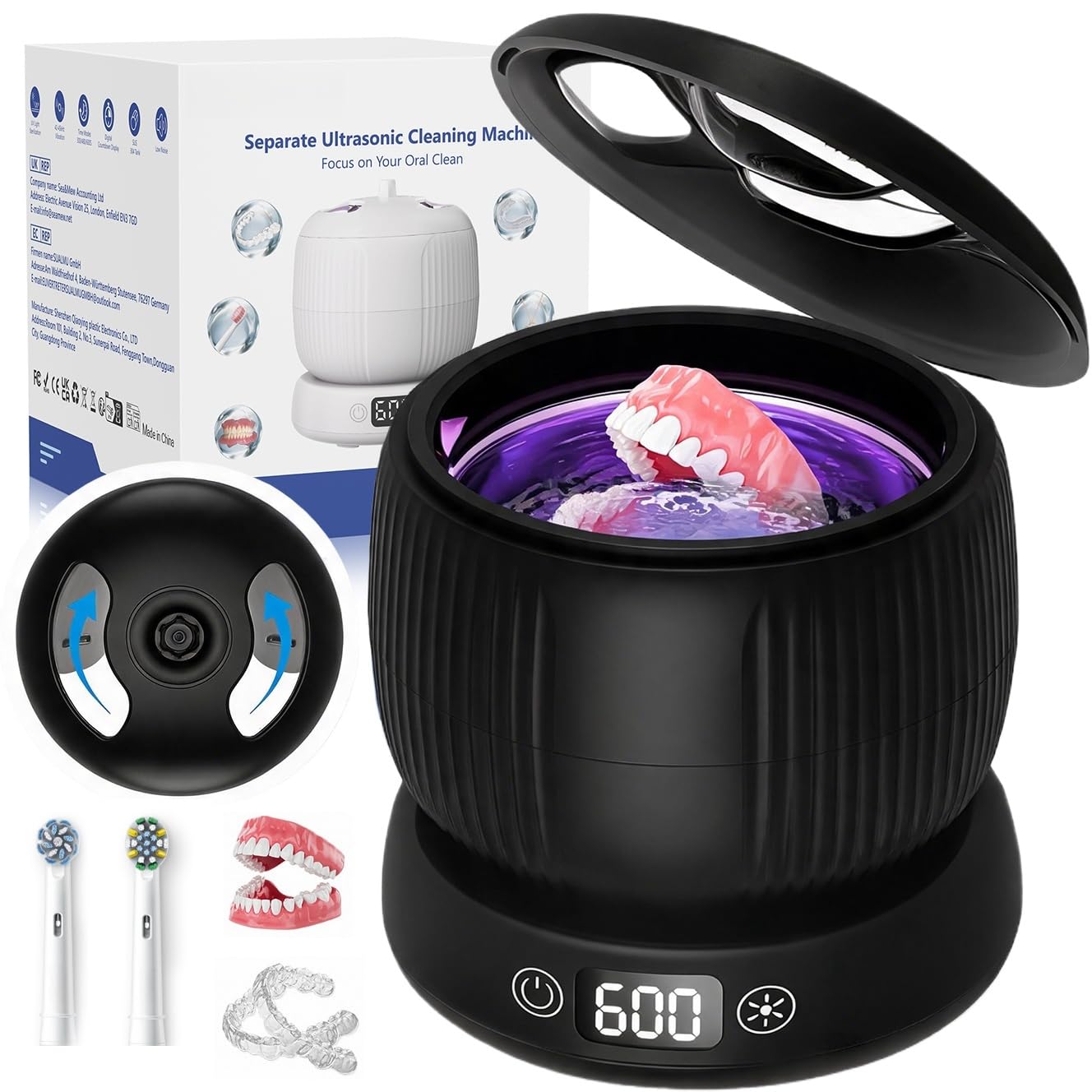 Morole Pulitore Ultrasuoni con Lampada UV | 45000Hz | 200ML | Portatile | Pulitore Ultrasuoni per Apparecchio Denti, Bite, Protesi Dentali, Allineatori e Gioielli