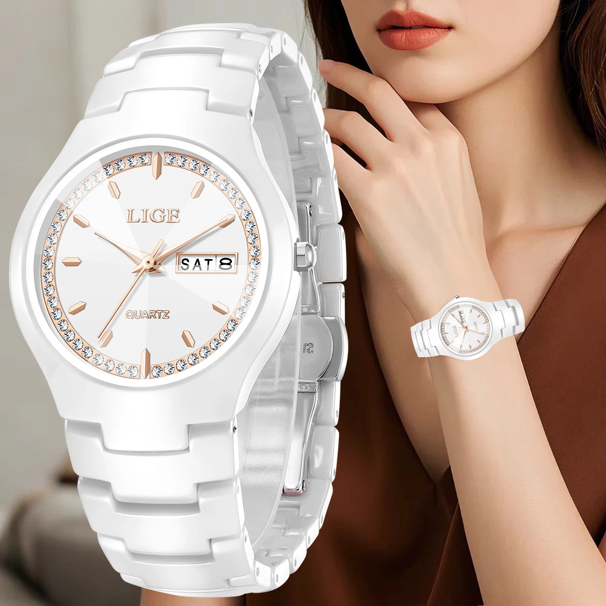 Orologio da donna di marca LIGE cinturino in ceramica semplice calendario impermeabile settimana orologi al quarzo per donna elegante braccialetto da donna per regali