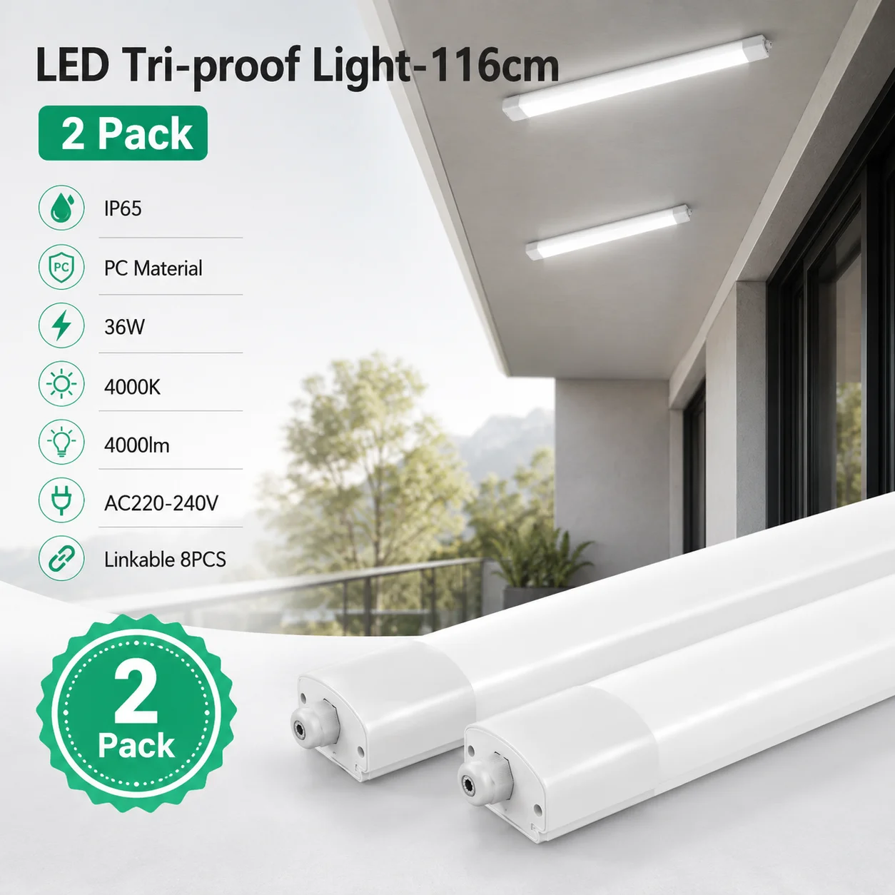 Lampada LED dimmerabile a 2 pezzi, collegabile, 36 W, 4.000 lumen, 4.000 K, protezione IP65, plastica ignifuga di grado V0, elevata trasmissione della luce, installazione a soffit…