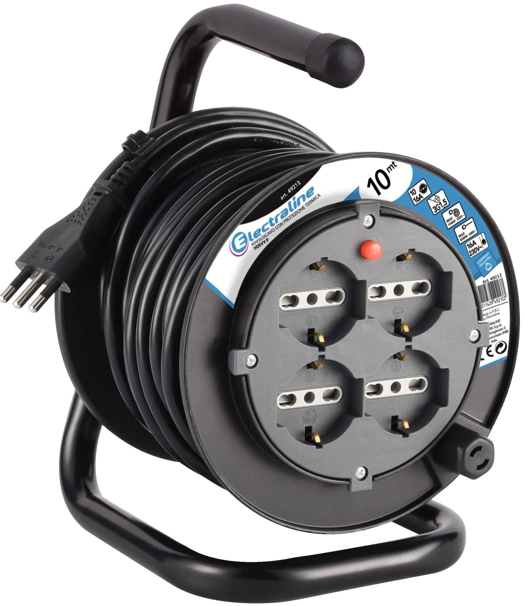 Electraline 49212 prolunga elettrica con avvolgicavo 10M 4 prese polivalenti P40 (Schuko + 10/16A), spina grande 16A, con protezione