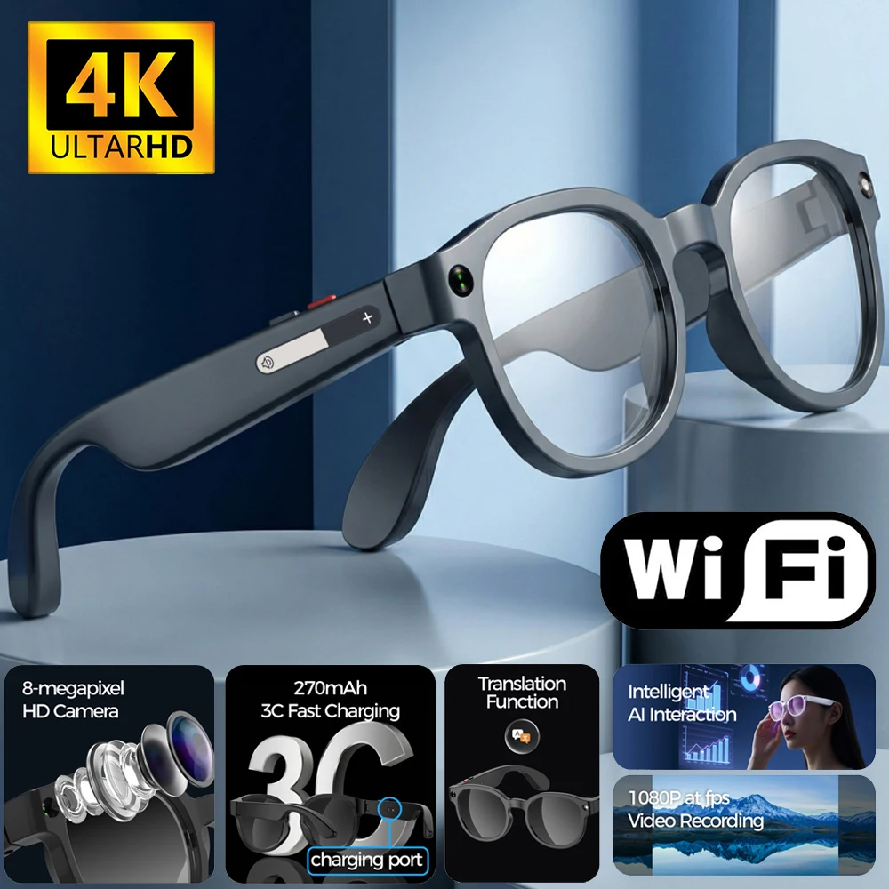 Occhiali Smart AI 2026 con Traduzione AI, Fotocamera HD 8MP, Riprese 4K, Conversazione Immagine, Registrazione e Ascolto Musica