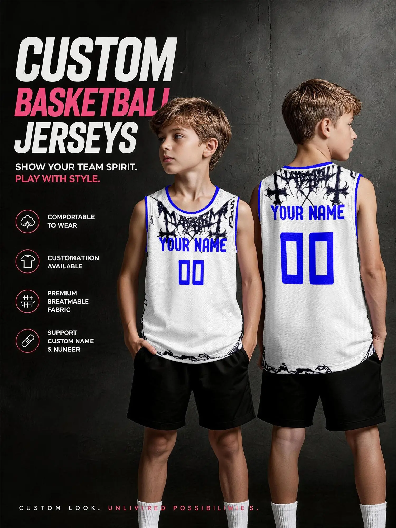 Maglia da Basket Personalizzata con Stampa Croce Gotica Bianca, Nome e Numero Personalizzabili, Set Traspirante ad Asciugatura Rapida per Adulti e Bambini