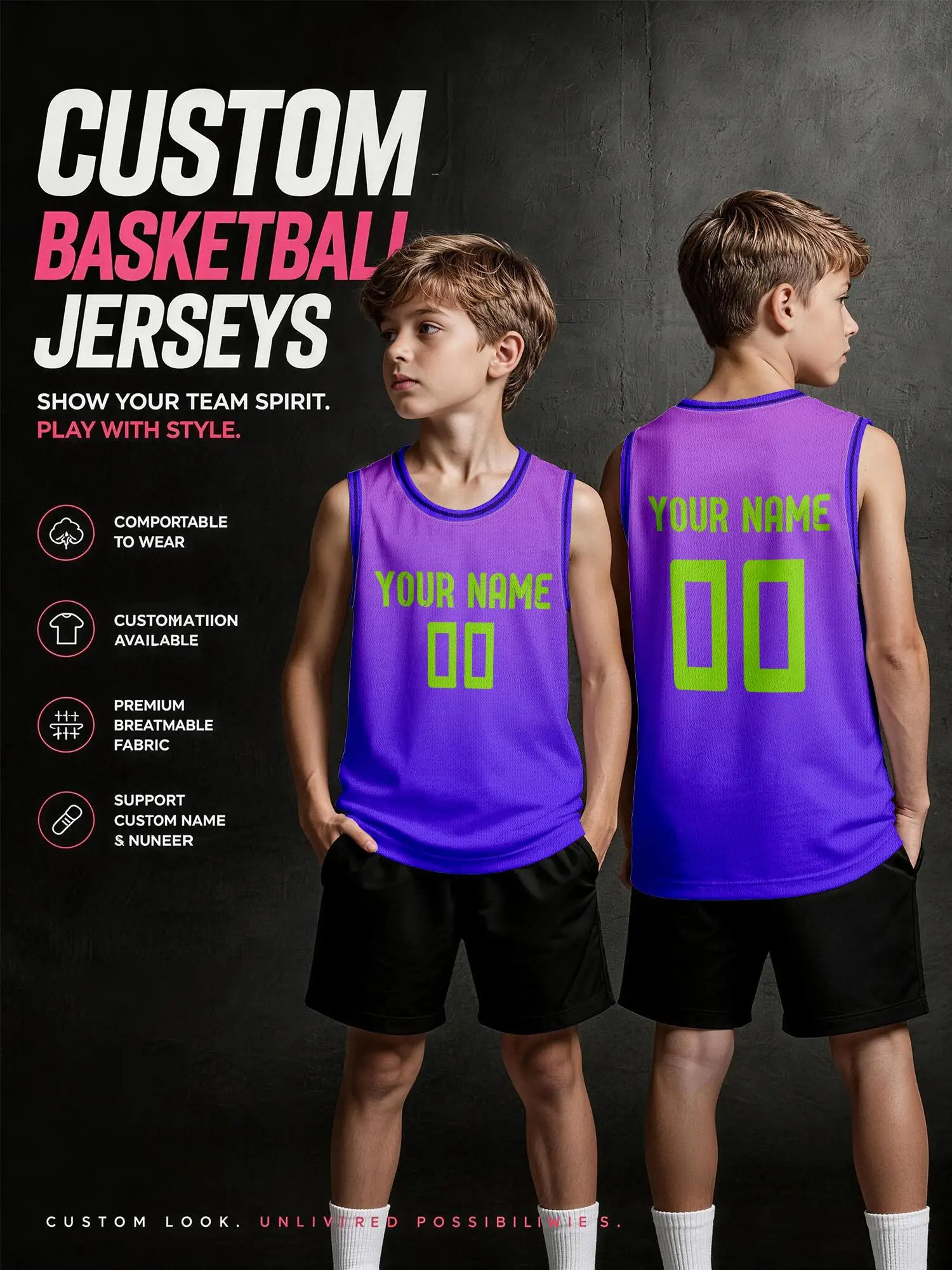 Maglia da basket personalizzata viola con bordo viola, nome e numero stampati, traspirante e ad asciugatura rapida per bambini e adulti