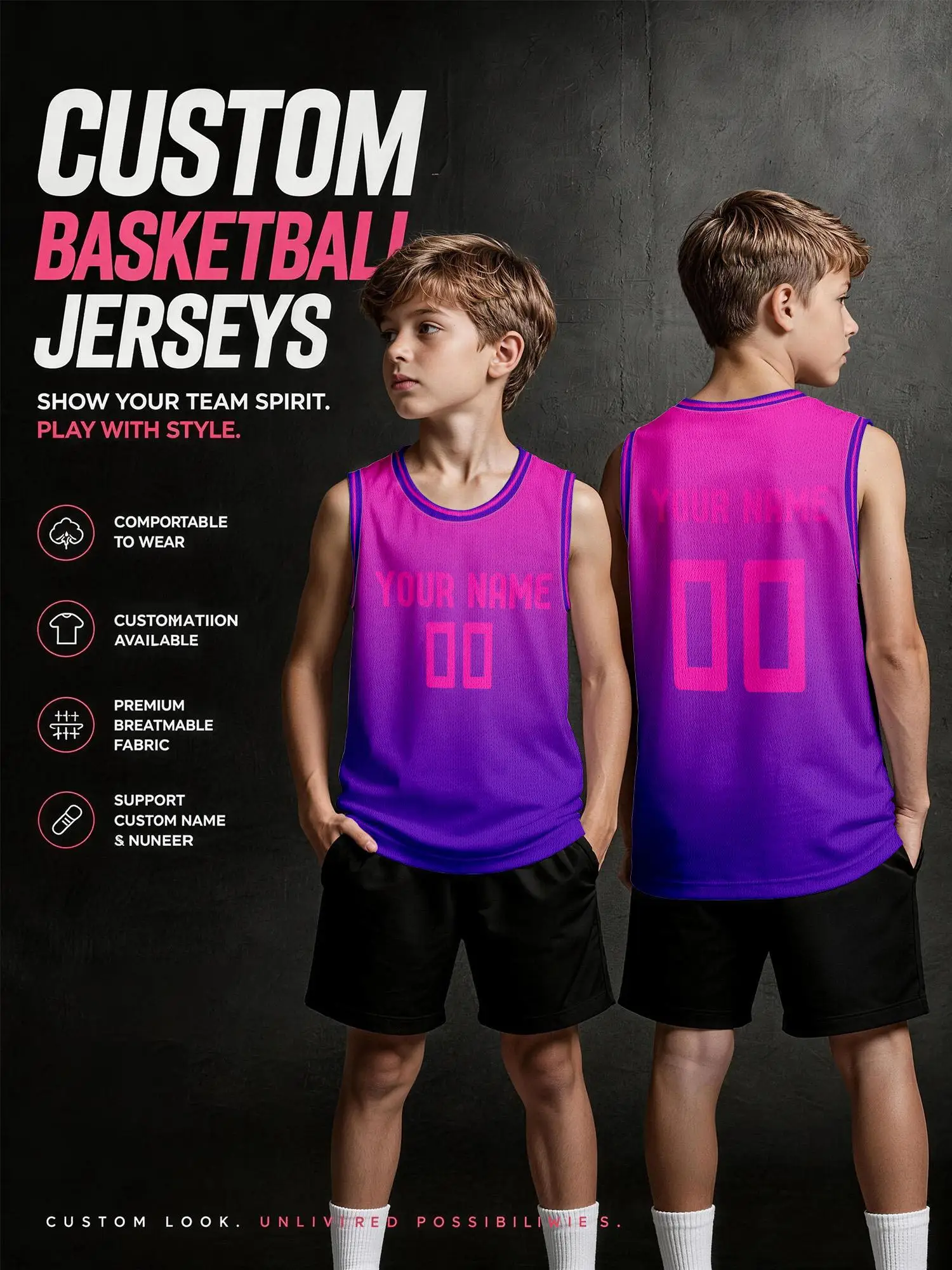 Maglia da Basket Personalizzata Rosa-Viola Sfumata, Uniforme per Squadre Adulti e Bambini, Stampa Nome e Numero