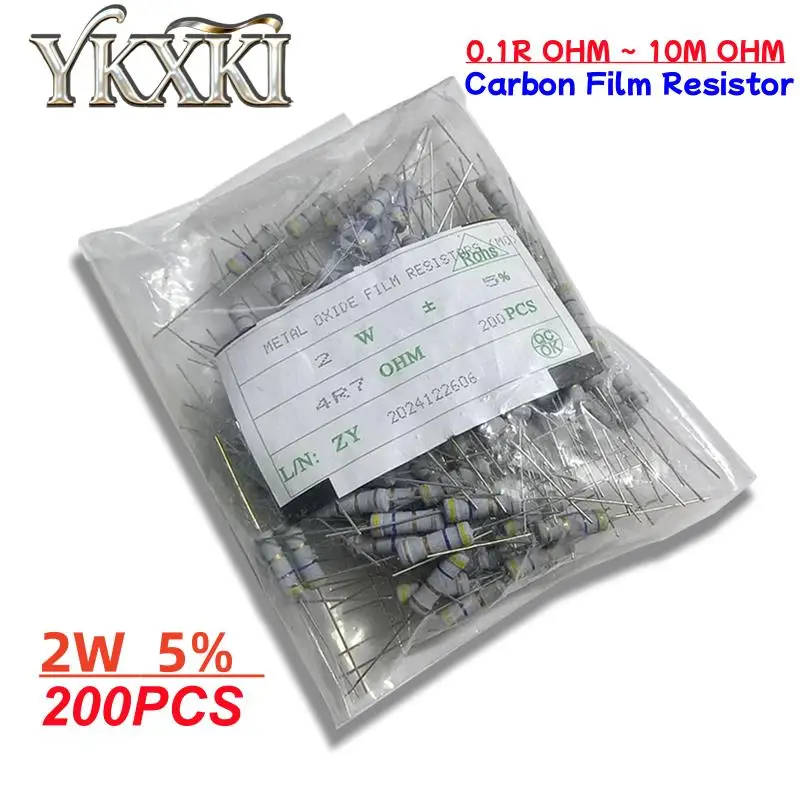 Resistore a film di carbonio da 200 pezzi 2W 5% 0.1R ~ 10M 10R 22R 33R 100R 220R 330R 1K 2.2K 3.3K 4.7K 10K 22K 47K 100K 1M 100 220 330 ohm
