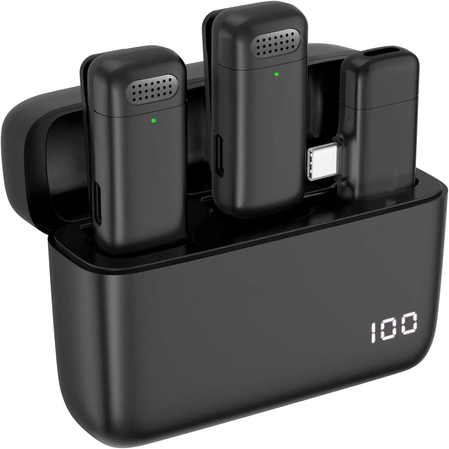 Microfono Lavalier Wireless (2 Pezzi) con Custodia di Ricarica, Interfaccia Type-C, Microfono Wireless 2.4G per iPhone 15+ e Android Vlog