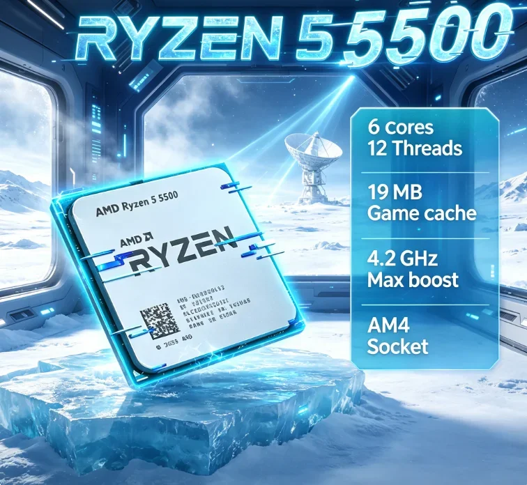 Processore Desktop AMD Ryzen 5 5500 Entry Level Zen3 per Gaming, 6 Core 12 Thread, 4.2GHz, Socket AM4, Cache L3 da 16MB, 65W, Senza Dissipatore