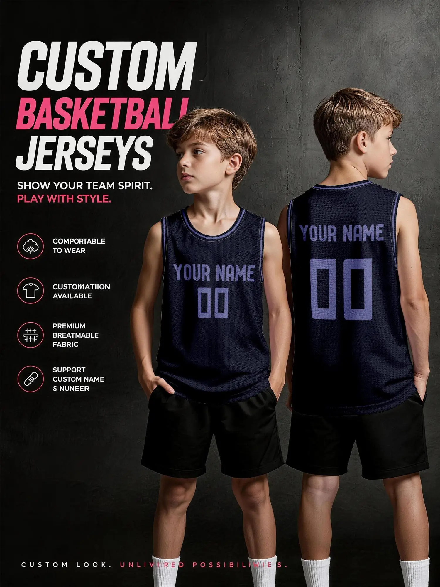 Set di Maglie da Basket Personalizzate Blu Navy con Bordo Viola Chiaro, per Adulti e Bambini, con Stampa di Nome e Numero, Uniforme ad Asciugatura Rapida