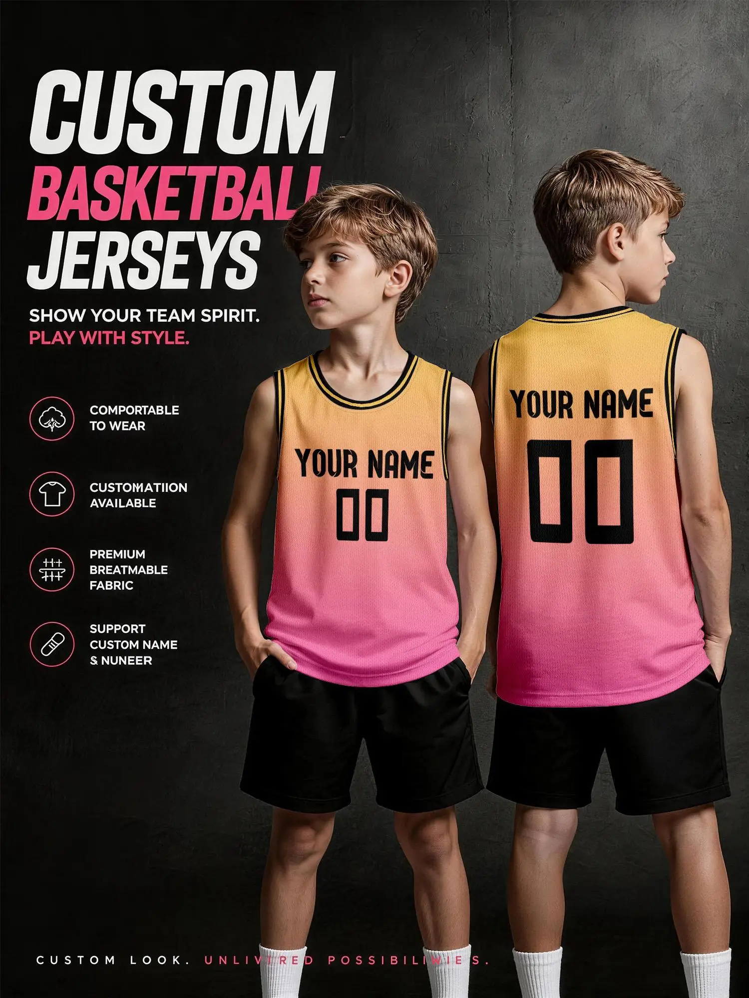 Maglia da Basket Personalizzata con Gradiente Giallo-Rosa e Bordo Nero, Nome e Numero Stampati, Traspirante e ad Asciugatura Rapida per Bambini e Adulti