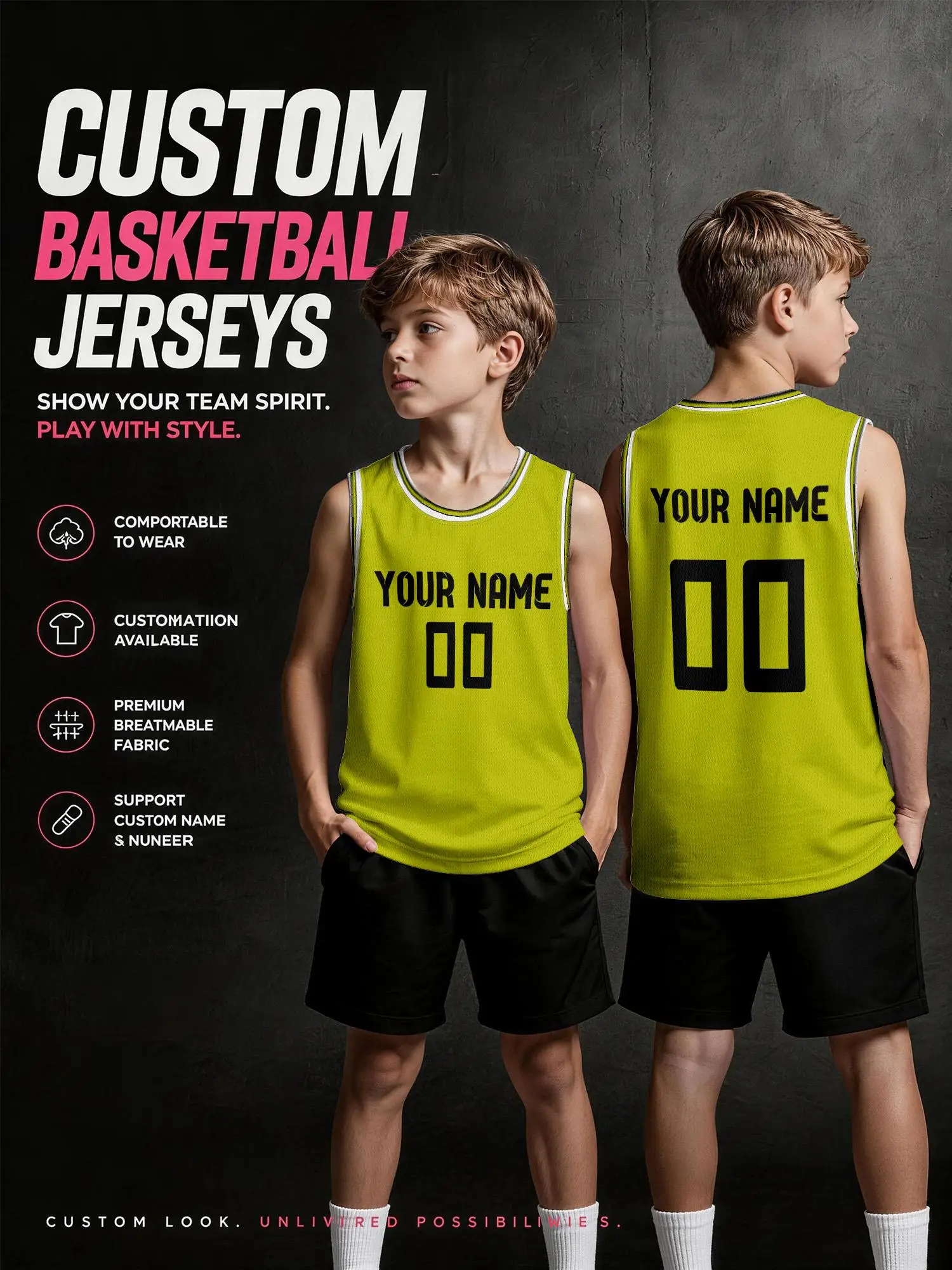 Maglia da basket personalizzata per bambini, giallo lime con bordi bianchi, in rete traspirante ad asciugatura rapida, con nome e numero personalizzati.